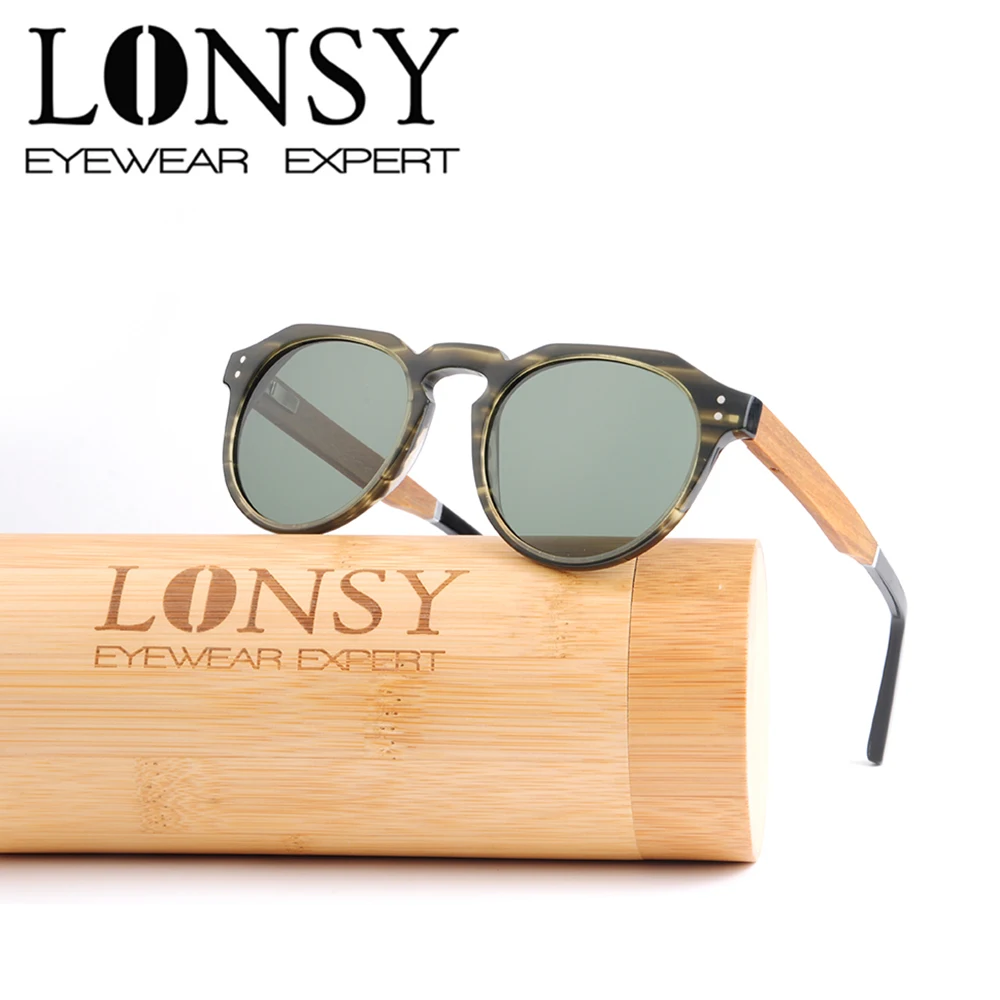

LONSY New Round Acetate Frame Sunglasses Women Polarized Brand Designer Original Wood Sun Glasses Female oculos de sol feminino