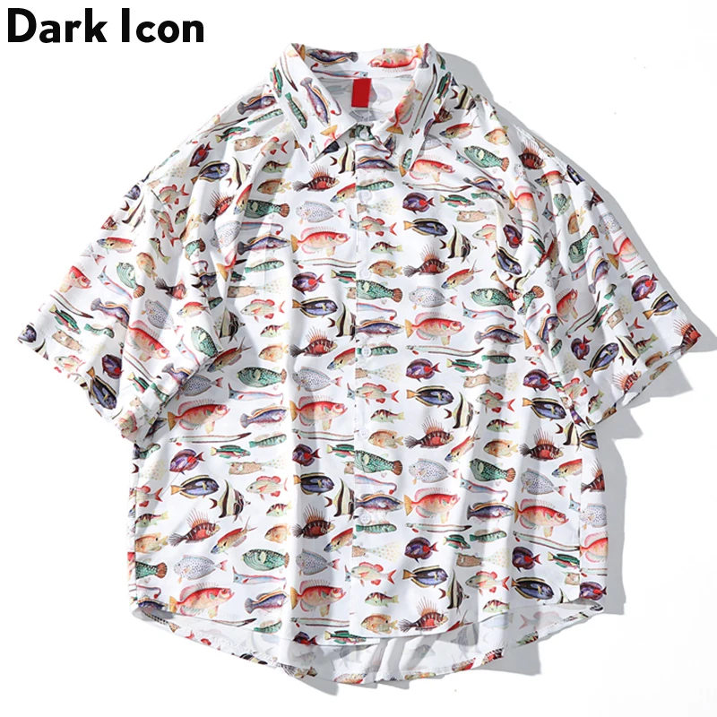 

,Dark Icon Fish Full Printing Holiday Beach Hawaiian Shirts Men Summer Loose Men's Shirt Short Sleeve Tropical Shirts