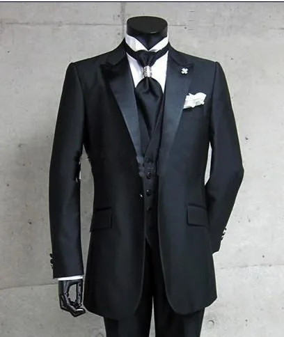 

(Jacket+Pants+Vest)One Button Black Groom Tuxedos Peak Satin Lapel Best man Groomsman Men Wedding Suits Bridegroom costume homme