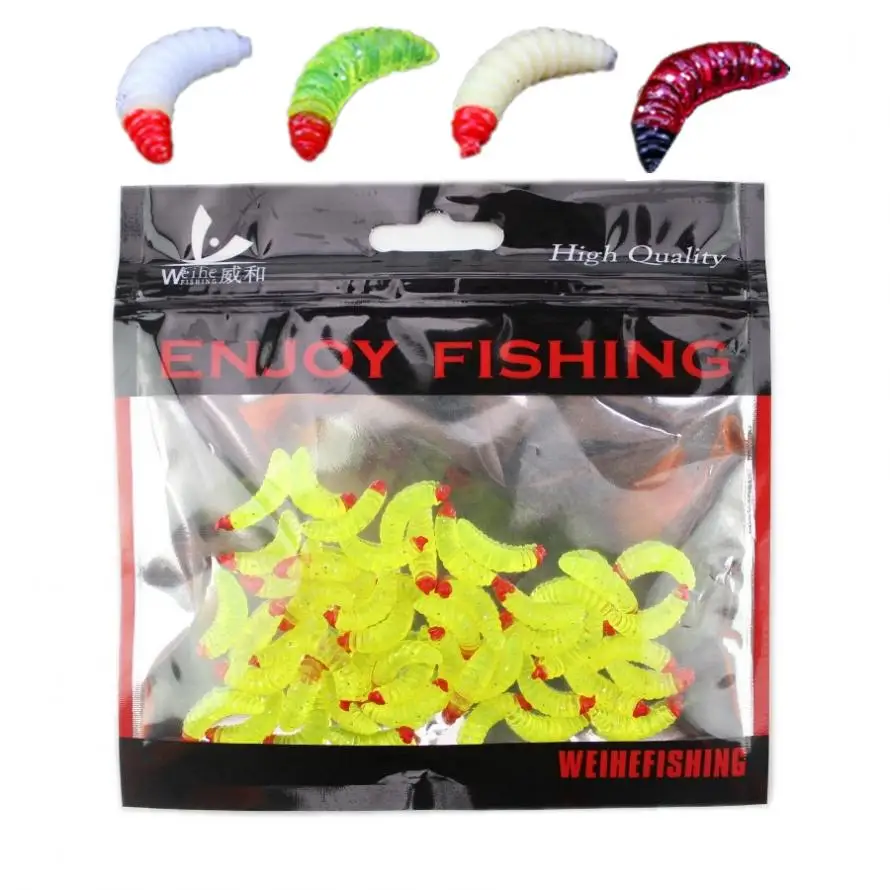 

50pcs Head Dyeing Simulation Maggot Grub Soft Lure Baits Worm Artificial Fishing Lures for Carp Crucian