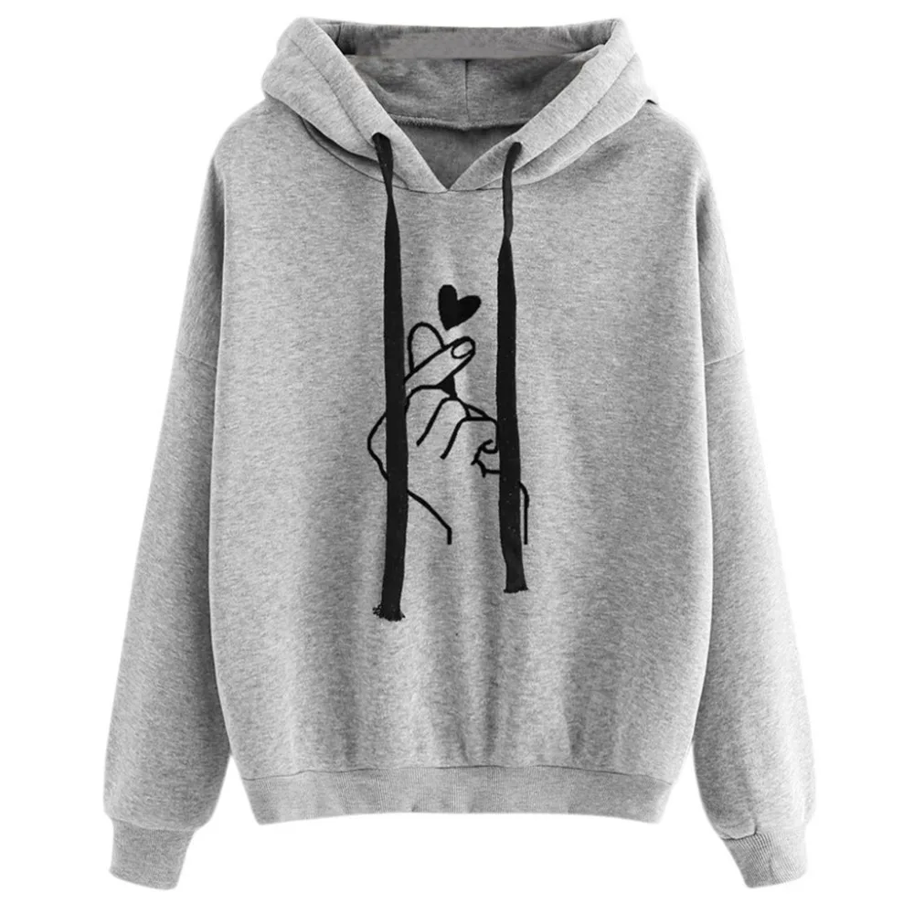 

Womens Girls Long Sleeve Solid Sweatshirt Drawstring Hooded Finger Heart Printed Loose Pullover Tops Rib Trim Student Thicken