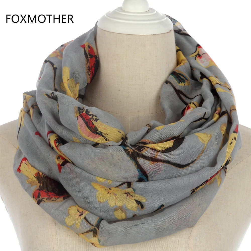 

FOXMOTHER New Lightweight Soft Grey Green Black Bird On Tree Branches Loop Ring Scarfs Shawl Foulard Femme Scarves Women Ladies