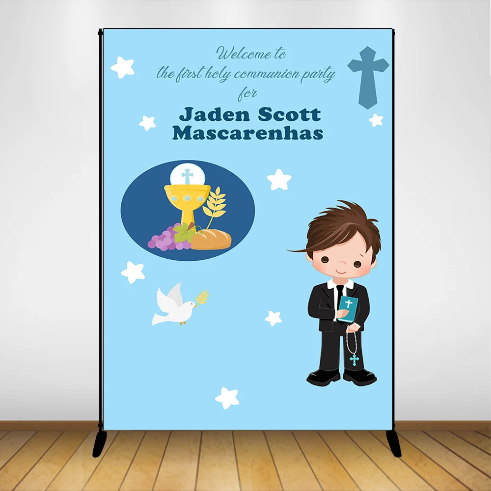

Mehofoto Welcome to First Communion Photography Backdrop Boy Party Decor Blue Background Cross White Pigeon Photocall Prop