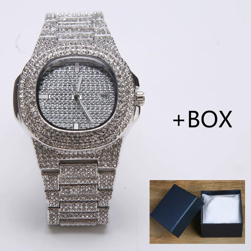 Роскошные мужские часы с бриллиантами, модные автоматические кварцевые часы с датой, мужские золотые часы из нержавеющей стали в стиле хип-хоп, мужские часы от ведущего бренда, роскошные часы - Цвет: silverbox