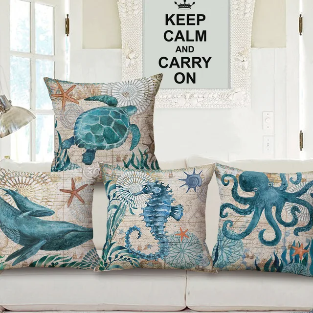 18 Square Vintage Marine Ocean Life Sea Turtle Linen Horse 18 Square Vintage Marine Ocean Life Sea Turtle Linen Horse Dolphin Sofa Throw Cushion