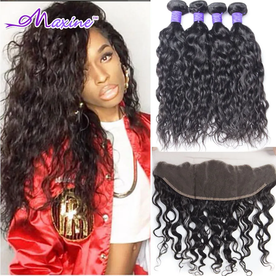 Brazilian Water Wave With Frontal 7A Human Hair With Frontal Closure Brazilian Virgin Hair Lace Frontal Closure With Bundles 4pc