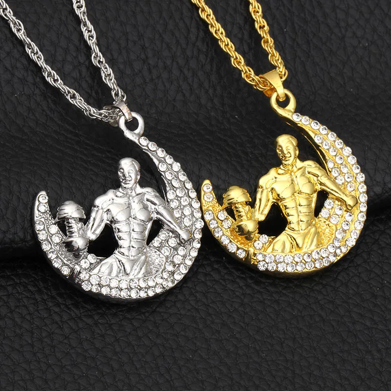 

Personalized Bling Rhinestone Fitness Men Pendants Necklaces Hip Hop Jewelry 2019 Fashion Long Chain Silver Gold Necklace Gifts
