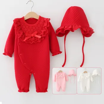 

Lace Collar Bow Newborn Baby Jumpsuit Winter Thicken Warm Girls Clothing Sets Bodysuit+ Hats Cotton Girl Clothes Onesie