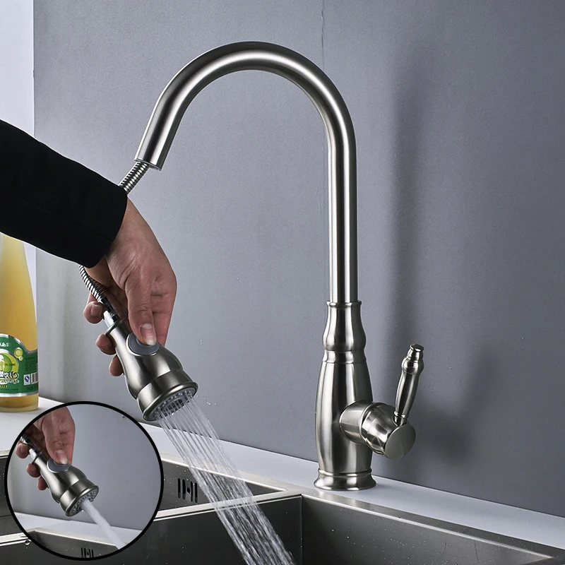 Luxury Golden Handheld Pull Out Kitchen Faucet Deck Mounted 360 Swivel Kitchen Mixer Hot and Cold Taps Stream Sprayer Nozzle