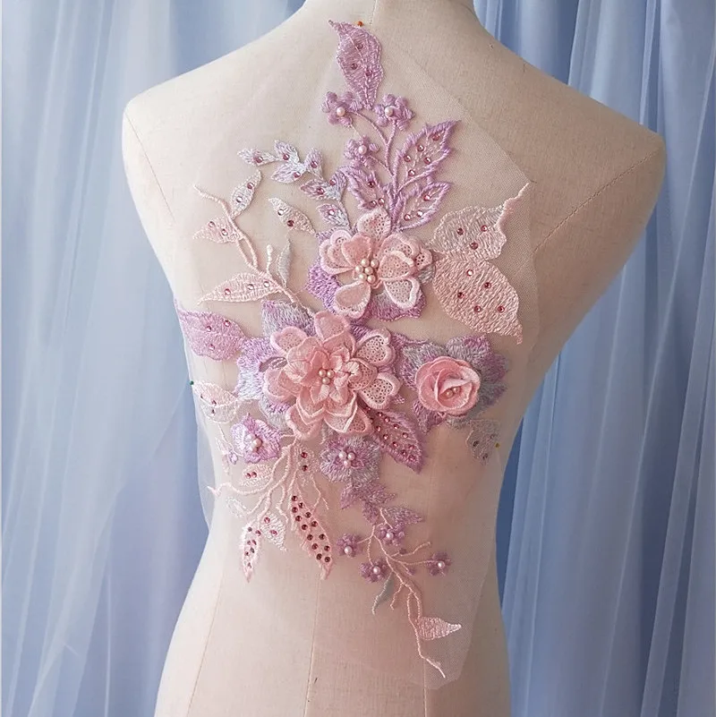 

2 pieces purple pastel sequined 3D Flower Applique , Beaded and Embroidered for Lyrical Dance, Ballet, Couture Gowns 41x22cm