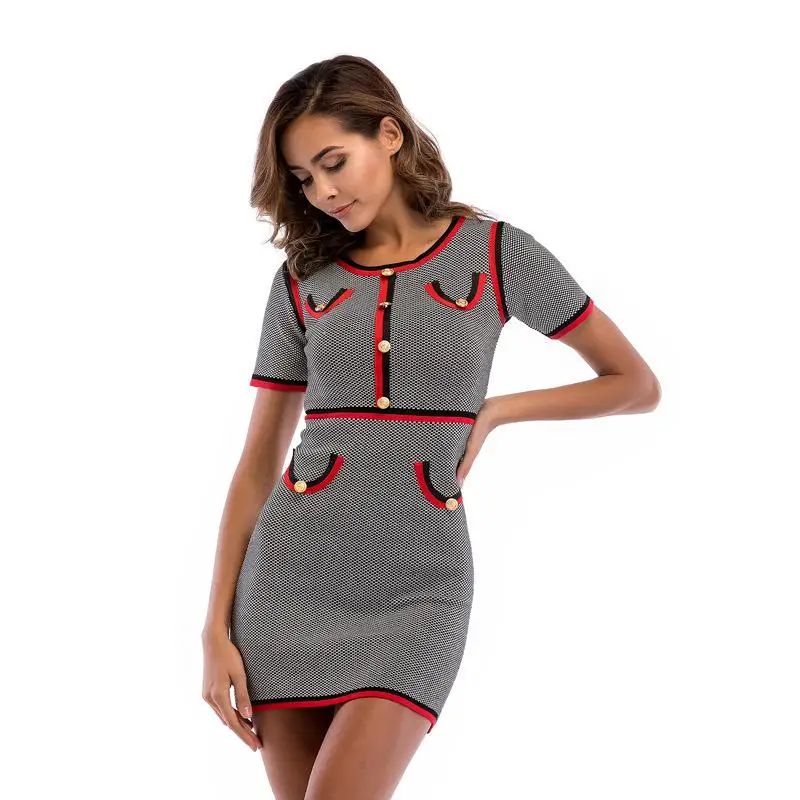 

2019 Summer New Women's Clothing Female O-neck Short Sleeve Color Matching Thin Bag Hip Dress Ladies Formal Sweater Dresses