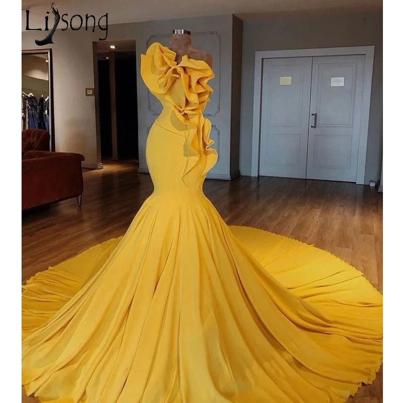 2018 Saudi Arabic Yellow Mermaid Prom Dresses Special Designed Ruffles Long Prom Gowns Vestidos De Gala Elegant Evening Dress - Prom Dresses - AliExpress