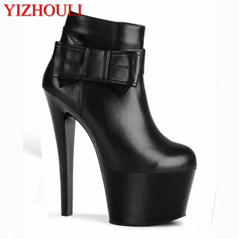 Fashion 17 cm bows adorned female motorcycle boots, high platform Martin boots 8 inches tall, sexy women's shoes