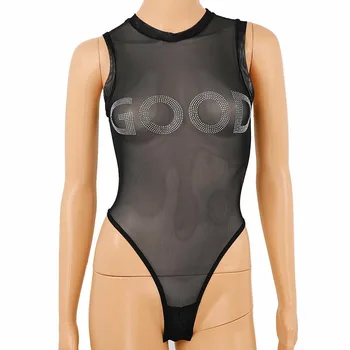 

Sexy Women One Piece See-through Sheer Mesh Leotard Breast Glitter Letters Tops High Cut Bodysuit Jumpsuit Romper Lingerie