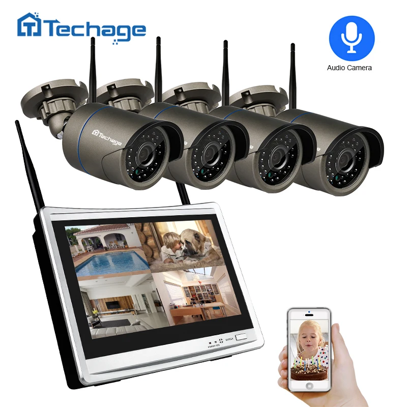 

4CH 1080P HD 12" LCD NVR Wireless CCTV Security System 2MP Outdoor Audio Record Wifi Camera Day/Night P2P Video Surveillance Set