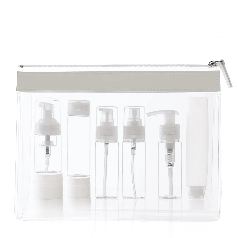 

Portable Travel Set Empty Plastic White Eight Things Emulsion Spray Pump Bottle Cream Jar Refillable Cosmetic Container