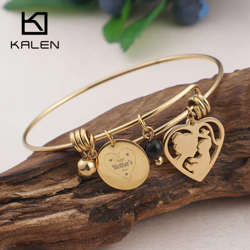

KALEN Gold Stainless Steel Mother & Child Charm Bracelet & Bangle For Women 64mm Heart Charm Wrist Bracelet Mom's Birthday Gifts
