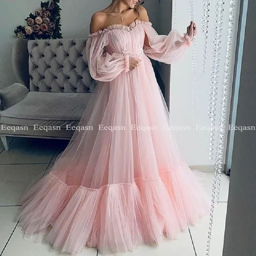 Милый светильник для девочек, розовые платья для выпускного вечера г. Элегантное вечернее платье с открытыми плечами, мягкое Тюлевое платье для выпускного вечера Junior formal - Цвет: Light pink