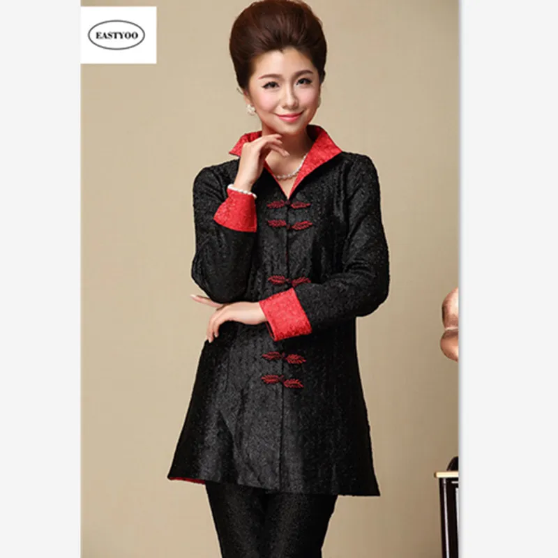 Silk Chinese Coat Women Black Chinese Coats Plus Size Button Chinese