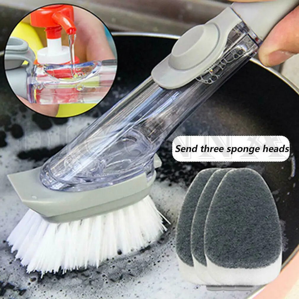 

Soft Wool Automatic add Liquid Soap Washing Utensils Pot Dish Brush Household Plastic Cleaning Brush Kitchen Brush with 3 sponge