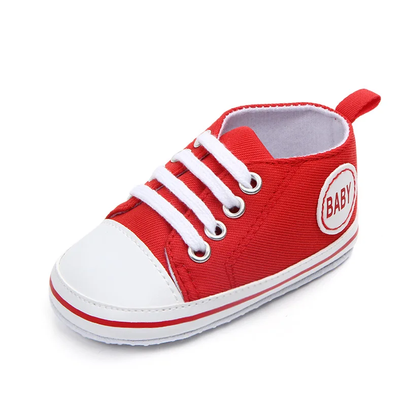 Классические парусиновые спортивные кроссовки на шнуровке для новорожденных мальчиков и девочек, обувь для первых шагов, Детская нескользящая обувь с мягкой подошвой для малышей - Цвет: Red
