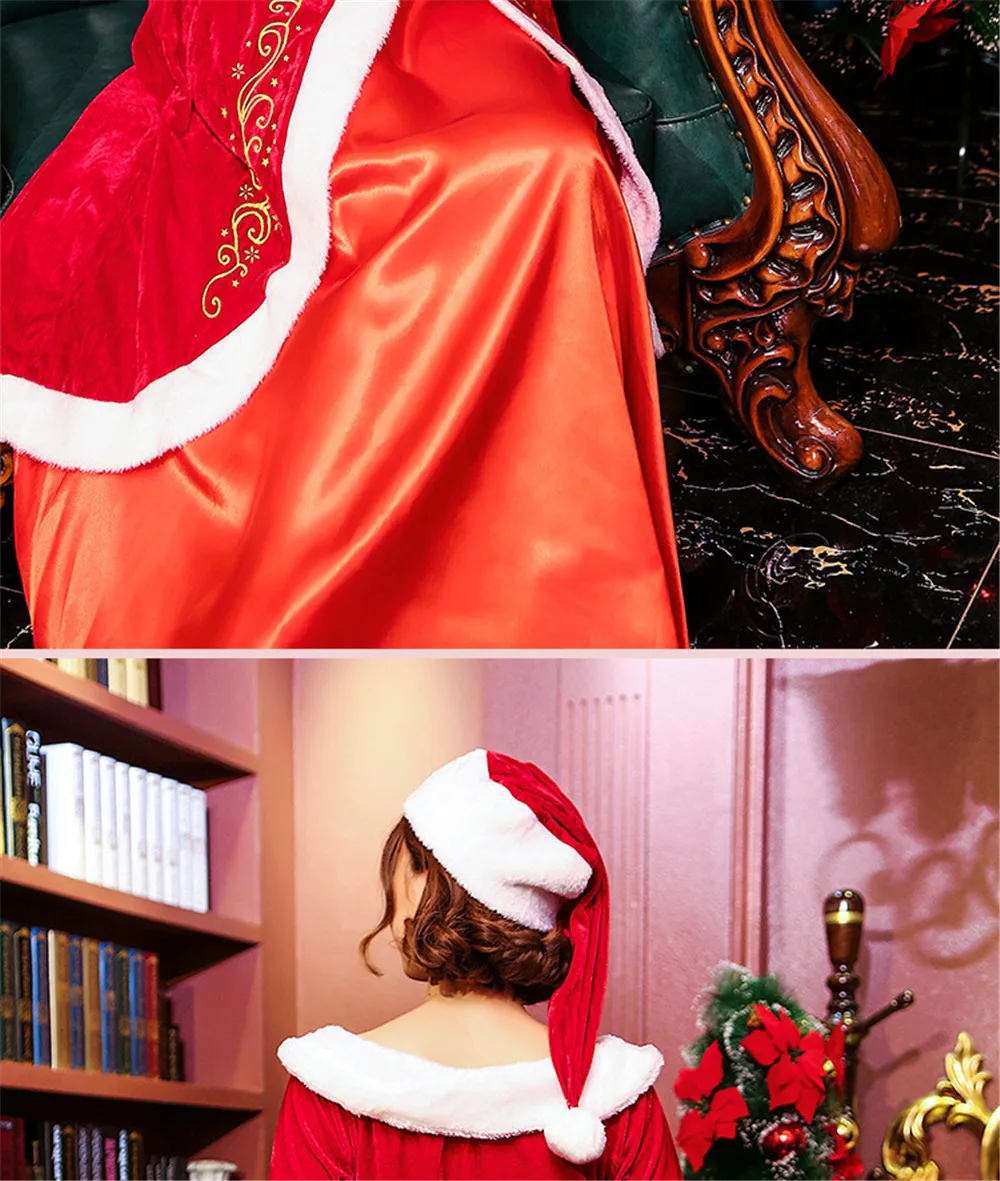 Новогодние вечерние костюмы для костюмированной вечеринки, бархатный халат с длинными рукавами, костюмы Санта-Клауса для взрослых, женское роскошное длинное платье принцессы королевы на Рождество