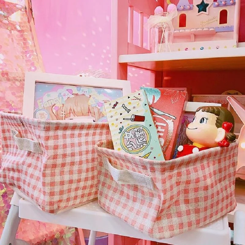 

Girl cute pink plaid Home cotton fabric Cosmetics storage baskets Desktop storage box