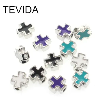 

TEVIDA Q85 50pcs Silver Mini Cross Evil Eye Spacer Beads 2 Side Enamel Beads for Jewelry Making Accessories 7 x 8mm