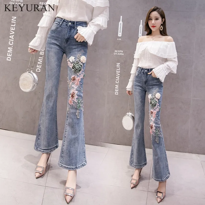 

2019 Spring Women Jeans Plus Size 3D Floral Embroidery Long Trousers Stretch High Waist Women Denim Flared Pants Female L2876
