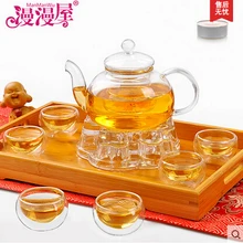 600 мл термостойкий стеклянный чайный набор, включая 6 двойных чашек+ подогреватель