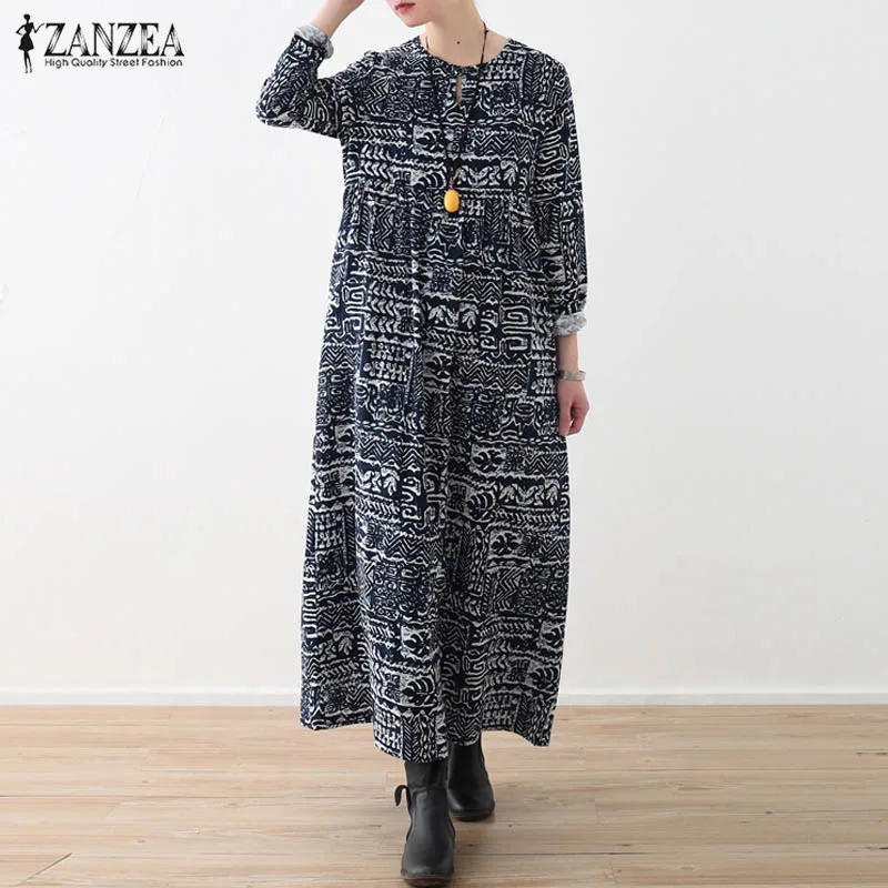 

2019 ZANZEA Women Vintage Floral Printed Dress Long Sleeve Cotton Linen Vestido Autumn Casual Sundress Robe Femme Plus Size