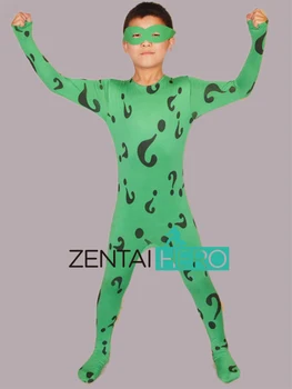 

Free Shipping DHL Cheap Children Halloween Green Lycra Spandex Mr. Question Zentai Catsuit Cosplay Kid Halloween Costume