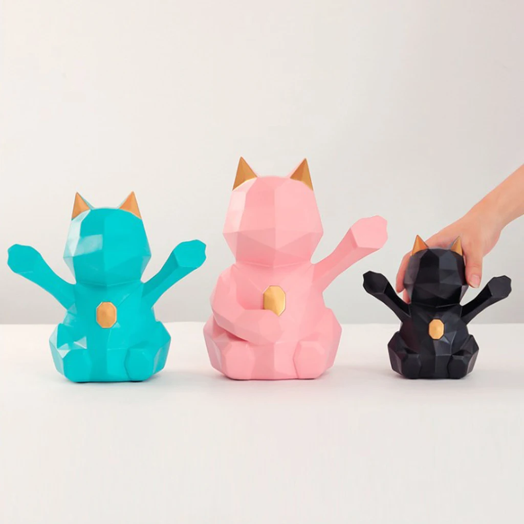 3D Abstract Art Geometric Fortune Lucky Cat Sculpture Resin Animal Statue Figurines Feng Shui Decor