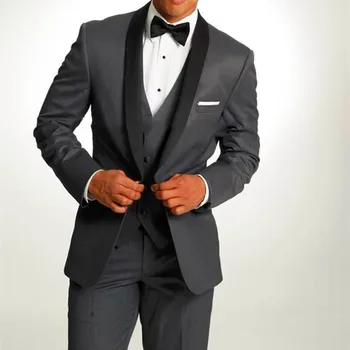 

2019 dark grey men suit Groom Tuxedos Gray Mens Suit Peak Lapel Groomsmen Wedding Suits man terno masculino (Jacket+Pants+Vest)