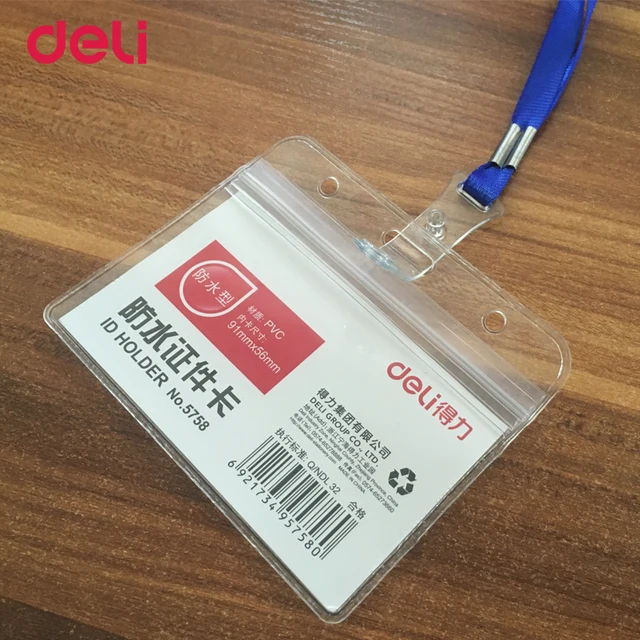 Deli transparent waterproof ID/IC card holder with lanyard for office exhibition employee card