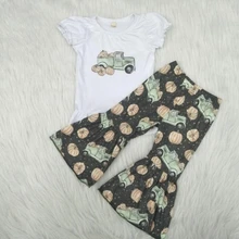 /розничная, наряды с тыквами белая футболка с грузовиком для маленьких девочек+ расклешенные штаны детская эксклюзивная одежда из 2 предметов gxj