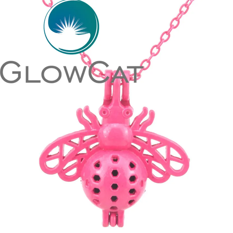 

RR84 Hot Pink Honey Bee Oyster Pearl Beads Cage Aromatherapy Essential Oil Diffuser 18'' Necklace Locket Cage Kids Best Gift