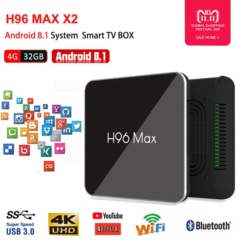 

H96 max x2 android 8.1 tv box 4K H.265 Amlogic S905X2 Quad Core 2.4G+5G WiFi USB 3.0 Movie WIFI Netflix Bluetooth Media Player