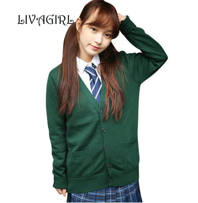 New Cardigan Coat JK Schoolgirl Uniforms V Neck Long Sleeve Crochet