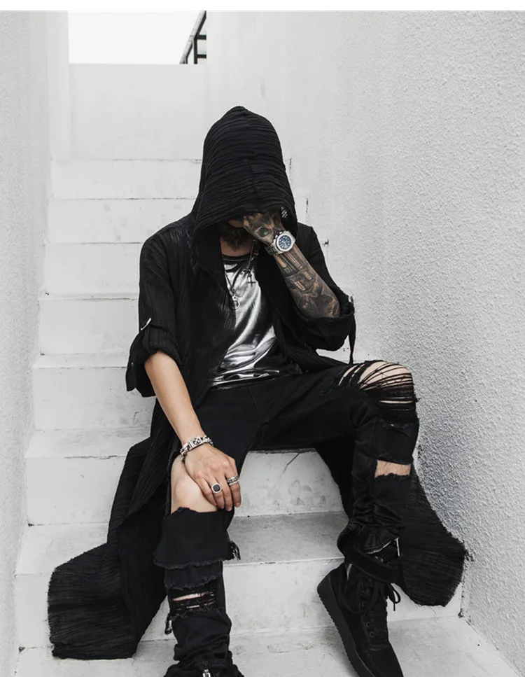 short sleeve shirts & tops Nightclub DJ singer punk rock hip hop long shirt black hooded cloak cardigan men linen oversize blouse gothic vintage streetwear short sleeve shirts men