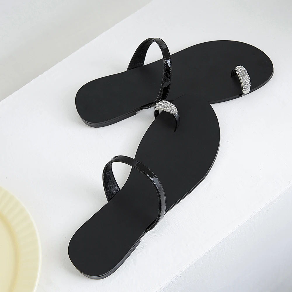 ANNYMOLI/Женская обувь из натуральной кожи на плоской подошве; шлепанцы на плоской подошве со стразами; летняя пляжная обувь; женские золотые сандалии; размеры 34-39; Новинка