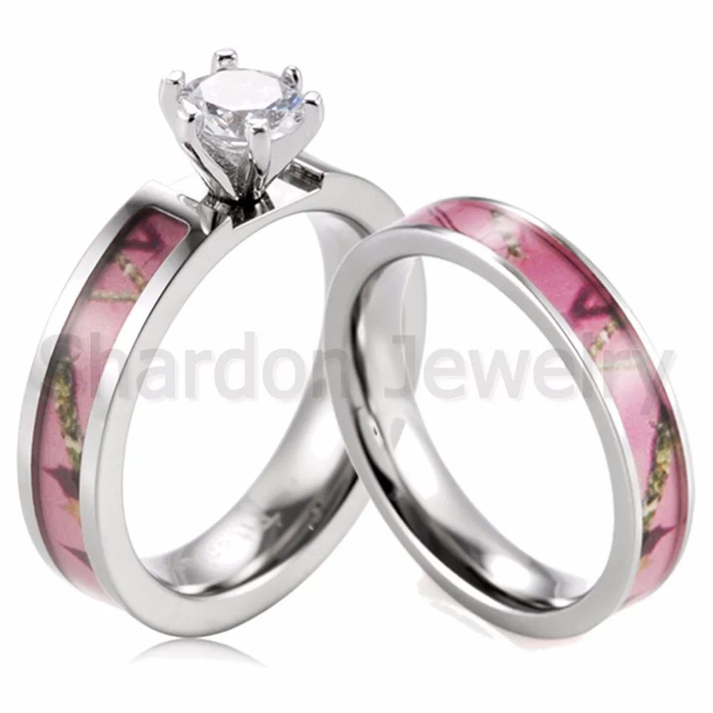 

SHARDON Pink Tree Camo Ring Set Women Titanium 6 Prong Setting Round CZ Engagement Ring with Camo Wedding Band for Women-2pcs