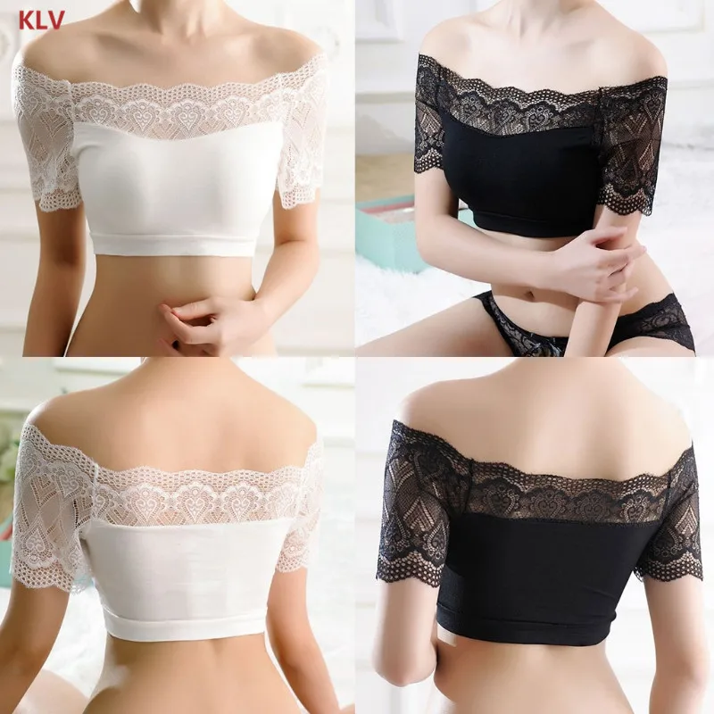 

Womens Lace Bra Sleeve Off Shoulder Crop Tops Lingerie Bralette Padded