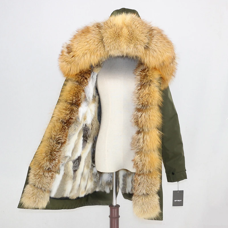 OFTBUY, пальто из натурального меха, зимняя куртка, Женская водонепроницаемая длинная парка, натуральный Лисий мех, воротник, капюшон, мех кролика, подкладка, верхняя одежда, съемная - Цвет: green gold