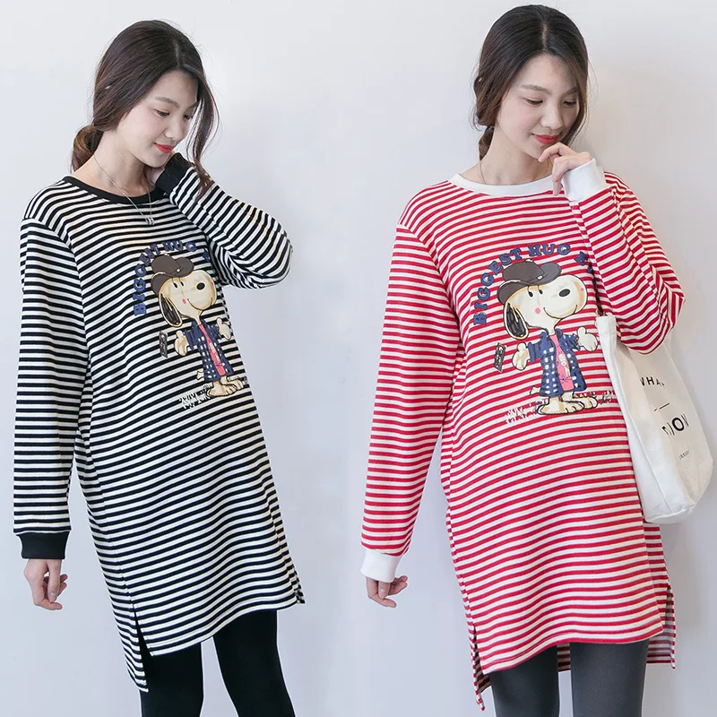 Maternity Women New Mom's Spring Mid-long Tee Tops Cute Cartoon Pattern Striped Loose Fit Pregnancy Cotton Blusas T-Shirts Dress