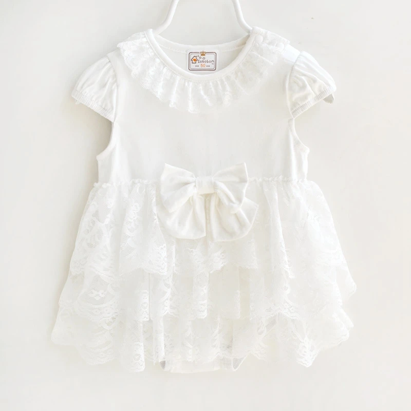 Летняя одежда для маленьких девочек с коротким рукавом и кружевным бантом вечерние комбинезоны принцессы для крещения, комбинезоны для новорожденных детей, боди для крещения, roupas de bebe - Цвет: Белый