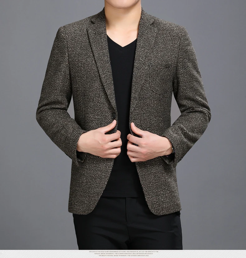 British Style Man Elegant Blazers Coffee Gray Tweed Suit Jacket For Men Slim Fit Blazer Business Casual Outfits Mens Smart Leisure Blazer Male Garment (5)