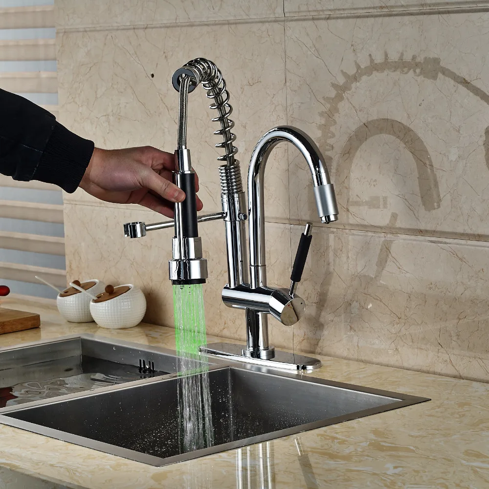 

LED Chrome Kitchen Faucet Dual Spouts Vessel Sink Mixer Tap + 8" Cover Plate NEW