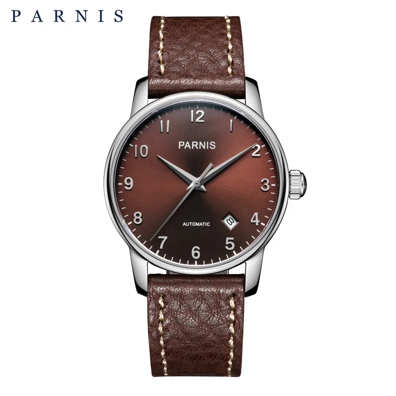 Rose Steel Brown 38 мм Parnis повседневные часы мужские стильные механические часы из натуральной кожи сапфировое серебро розовое золото мужские автоматические наручные часы - Цвет: Rose Steel Brown