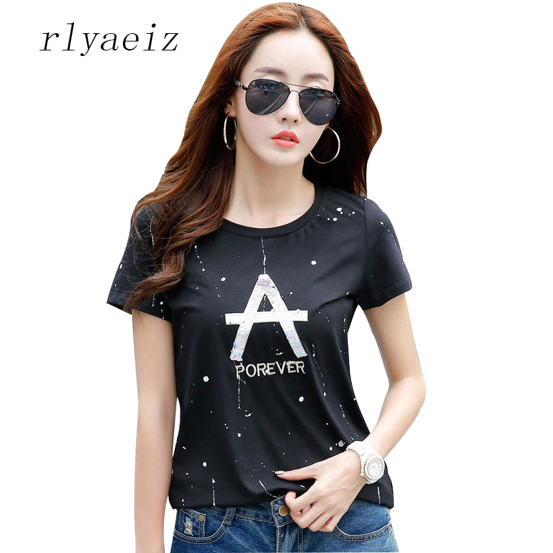 

RLYAEIZ Tee Shirt Femme Summer Sequins Embroidery Short Sleeve t-shirt Womens Tops 2017 Fashion Pure Color Camisetas Mujer